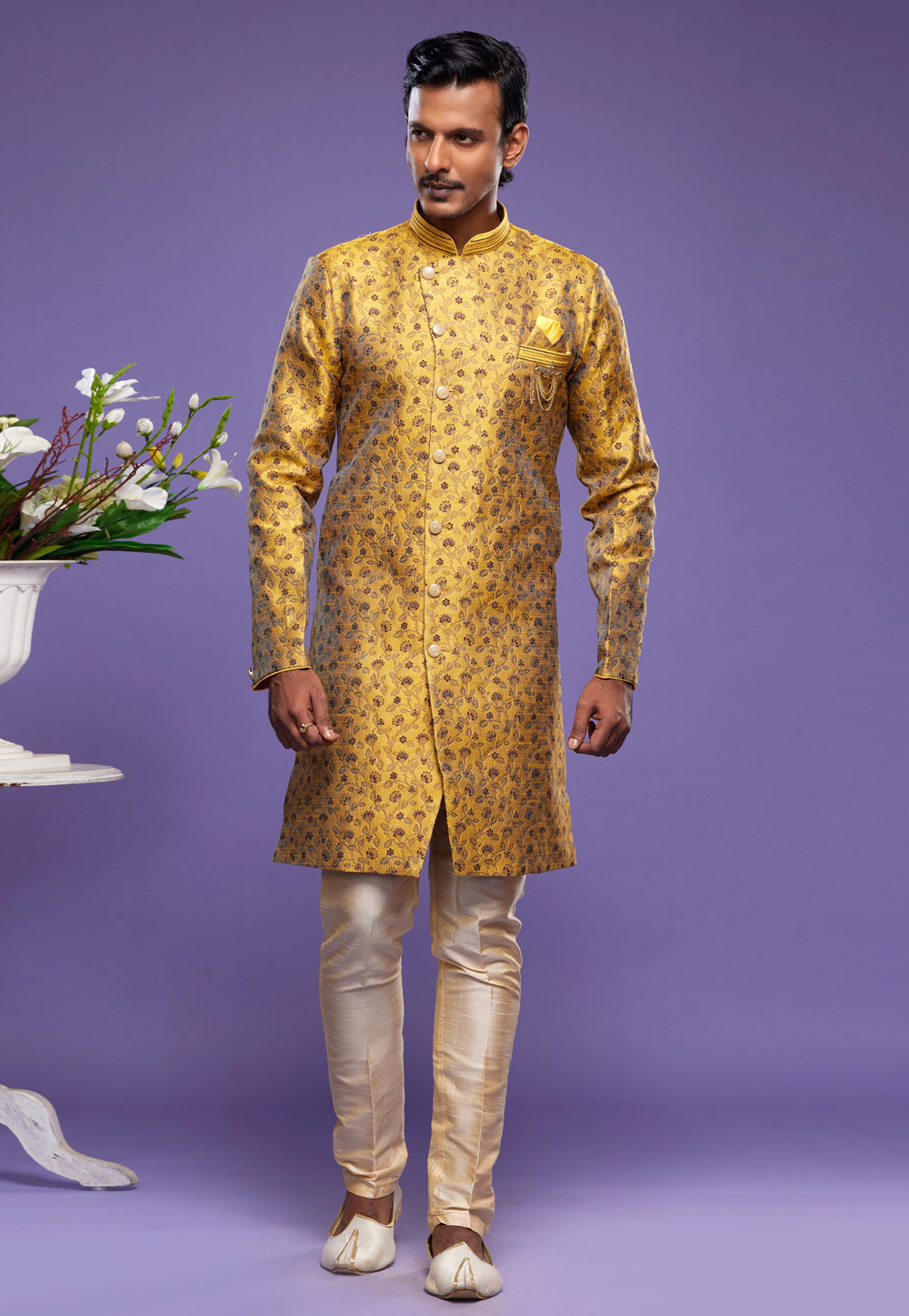 Yellow Banarasi Jacquard Indo Western Suit 273621
