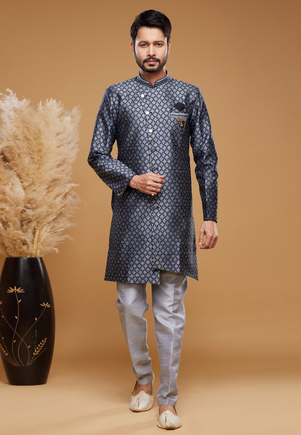 Grey Banarasi Jacquard Indo Western Suit 273626