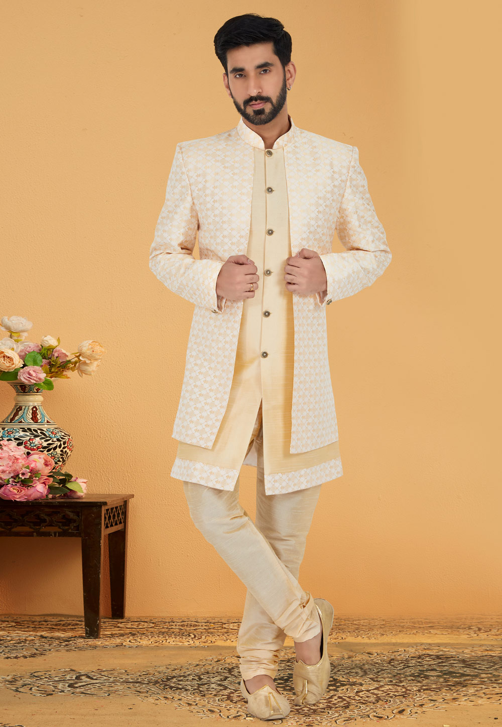 Beige Jacquard Silk Jacket Style Sherwani 263245