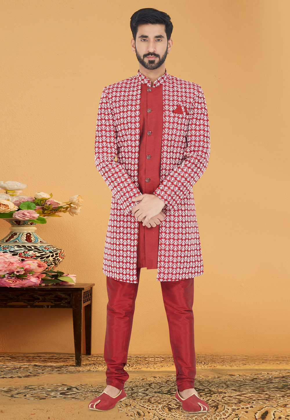 Red Cotton Silk Jacket Style Sherwani 263246
