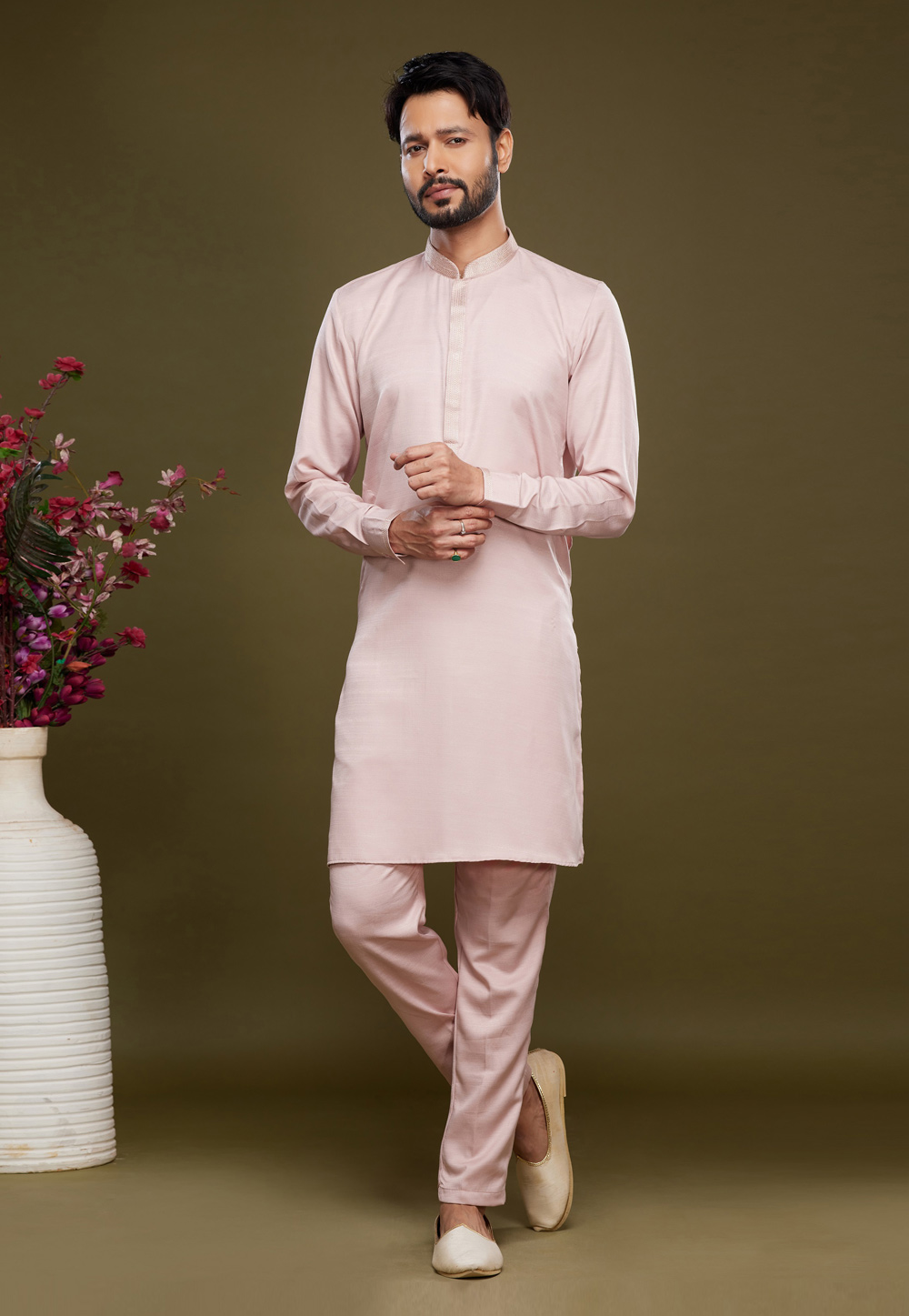 Light Pink Art Silk Kurta Pajama 275030