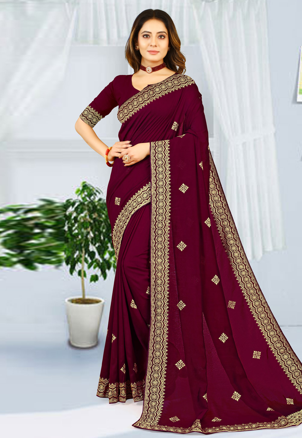 Wine Georgette Saree With Blouse 261717