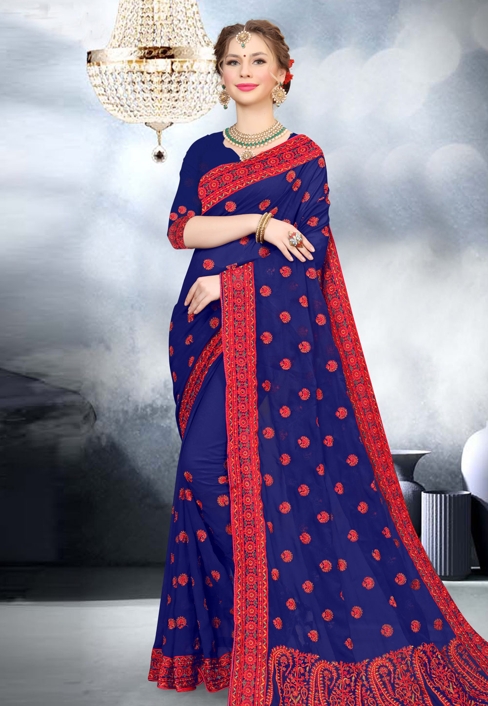 Blue Faux Georgette Saree With Blouse 199018
