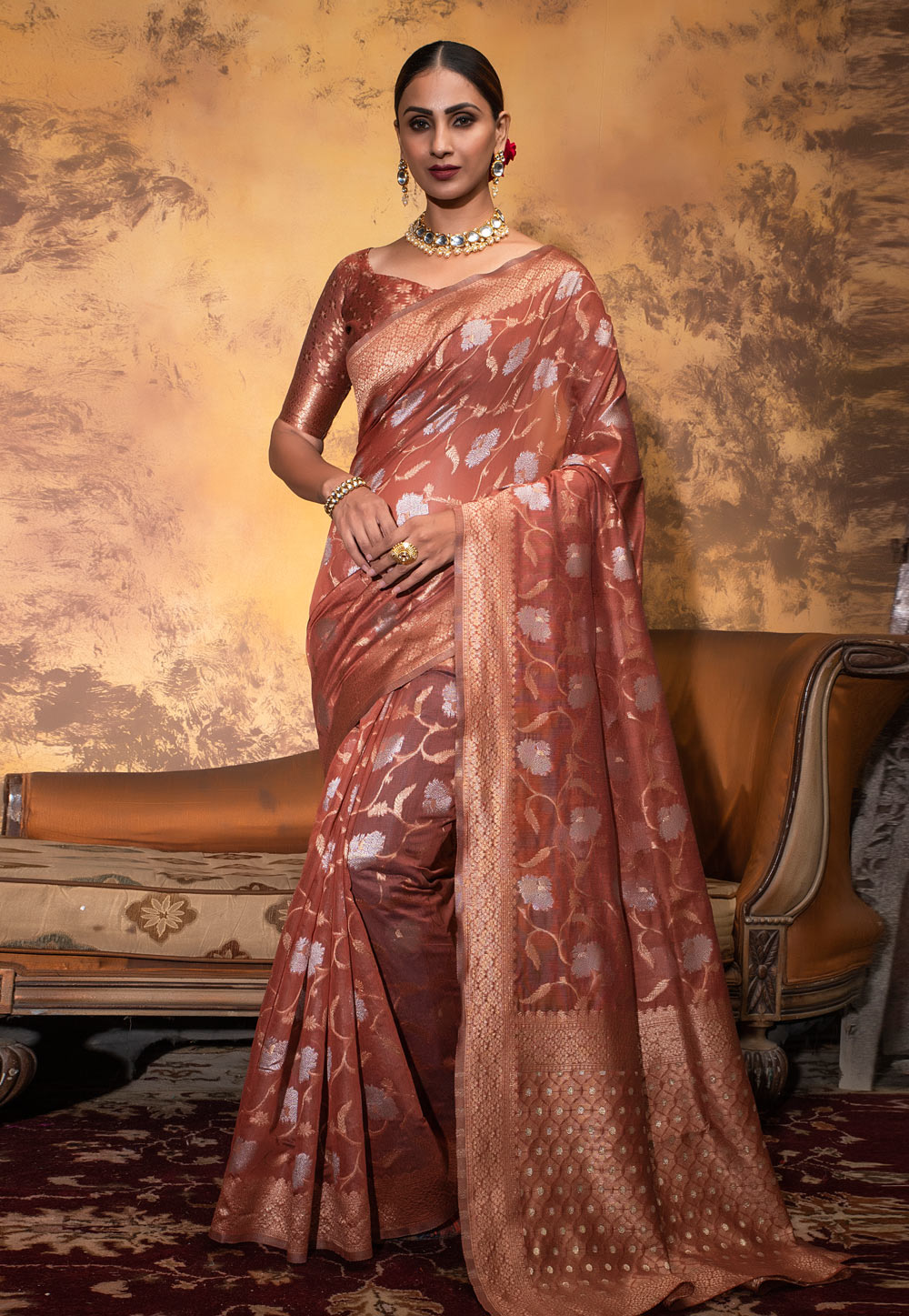 Rust Cotton Saree With Blouse 242550