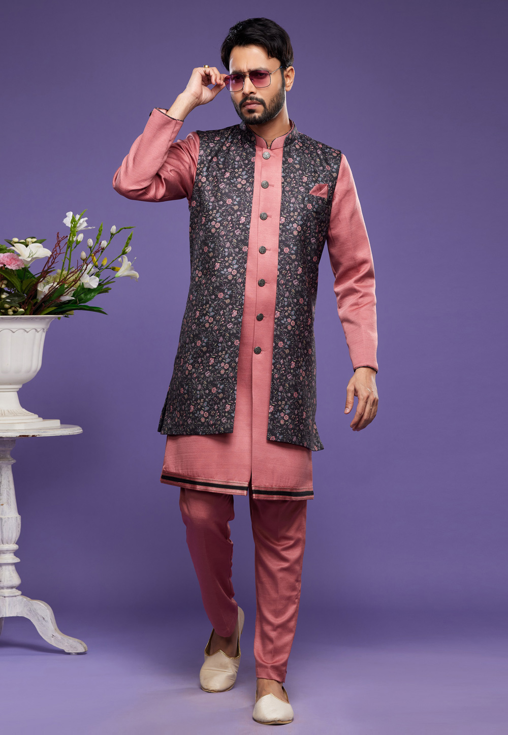 Cream Peach Jacquard Jacket with Peach Kurta Set