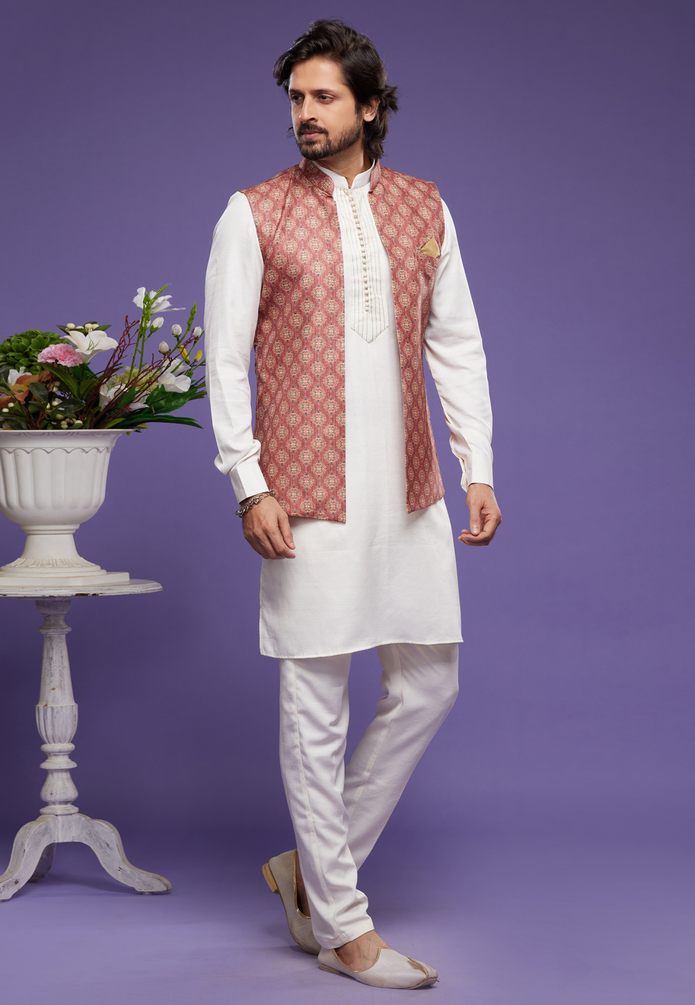 White Art Silk Kurta Pajama With Jacket 275011