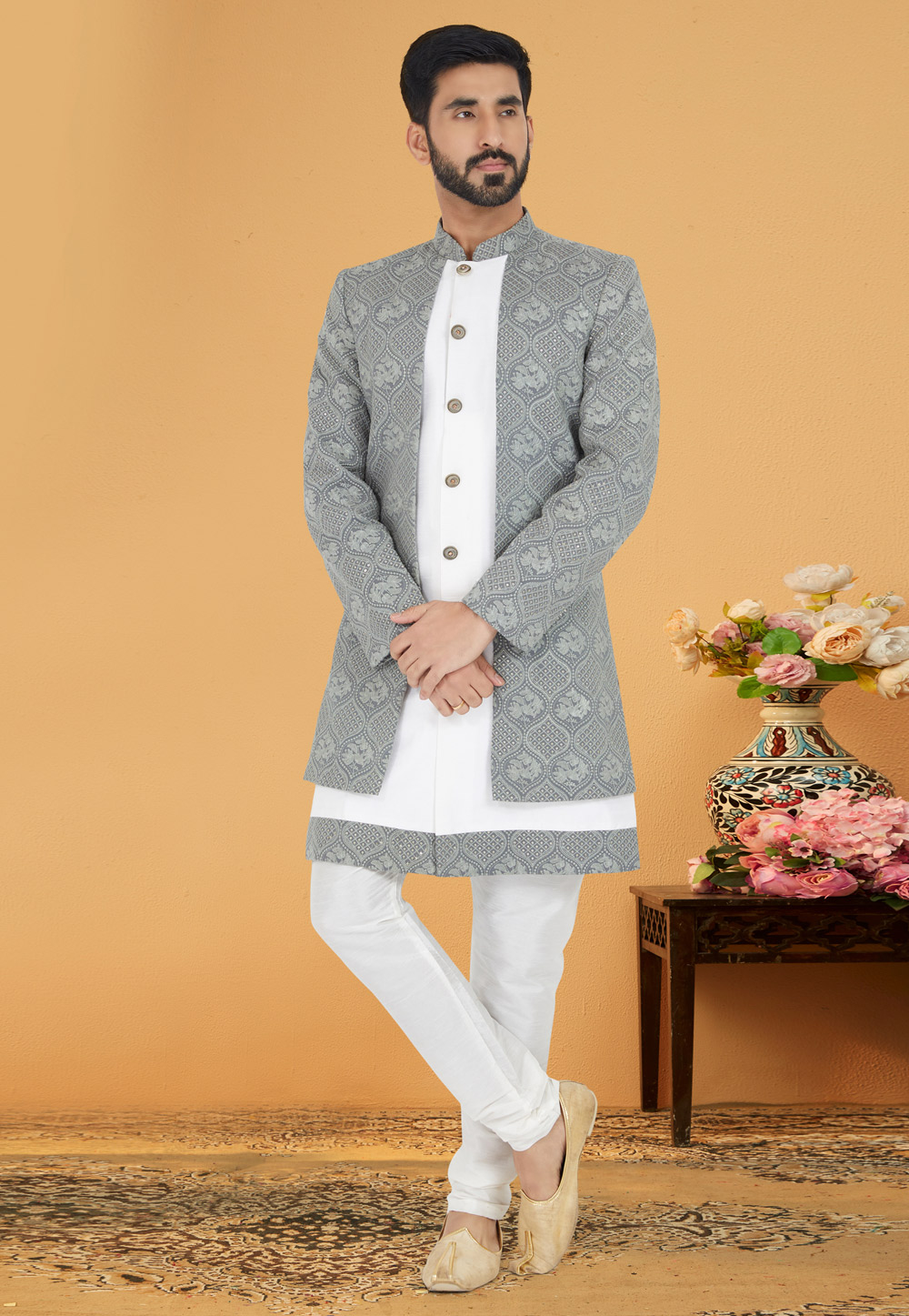 White Georgette Jacket Style Sherwani 263248