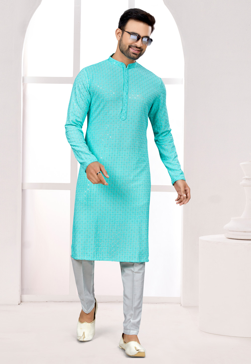 Turquoise Rayon Kurta Pajama 274985
