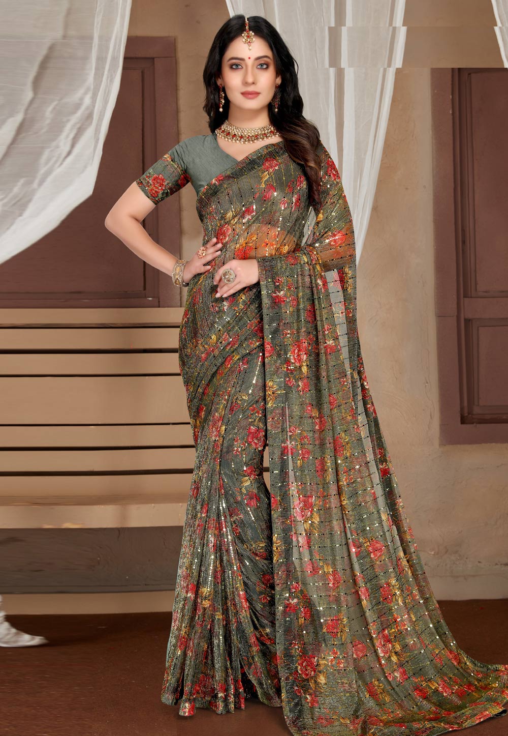 Camo Green Soft Net Saree With Blouse 254831