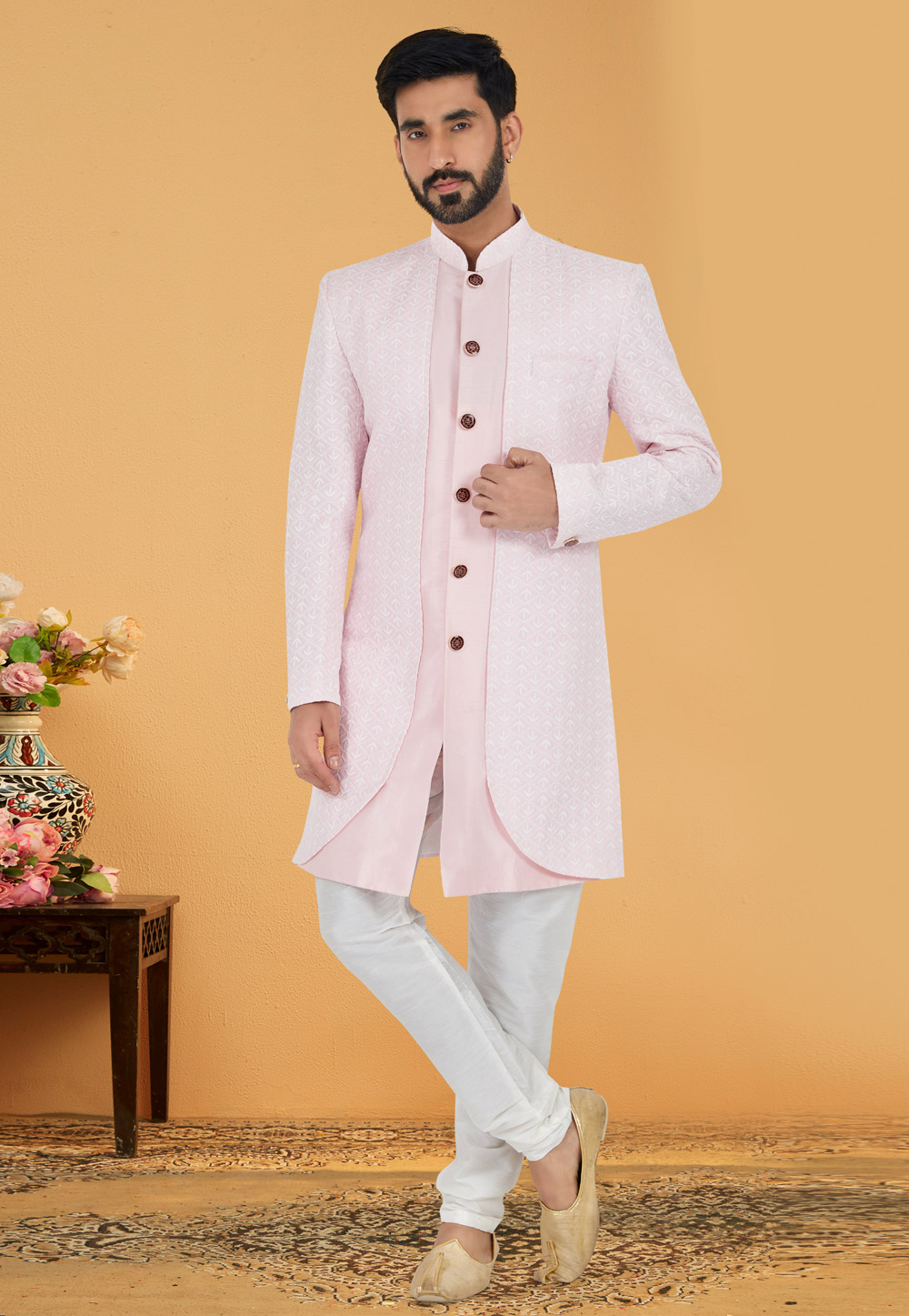 Pink Cotton Silk Jacket Style Sherwani 263249