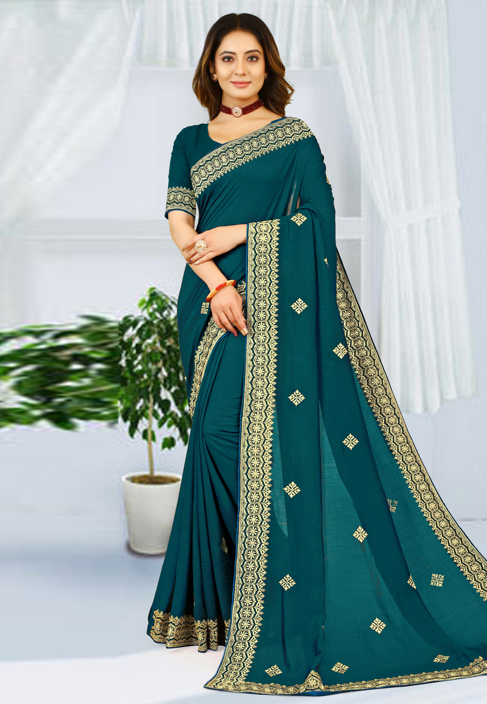 Teal Georgette Saree With Blouse 261719