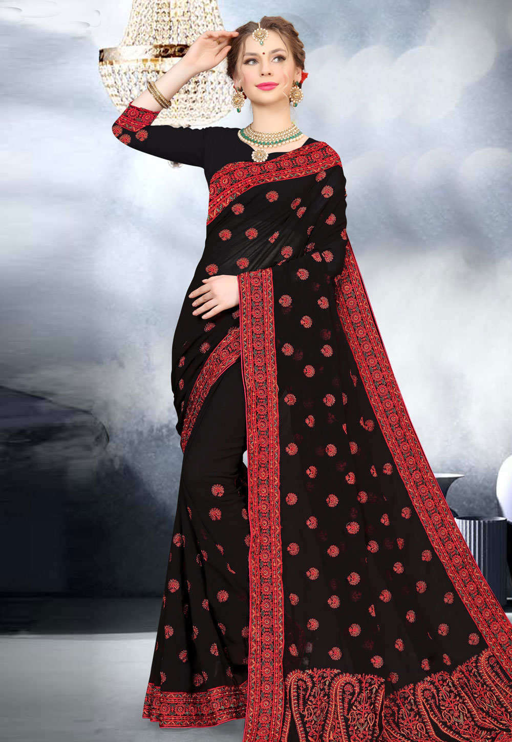 Black Faux Georgette Saree With Blouse 199020