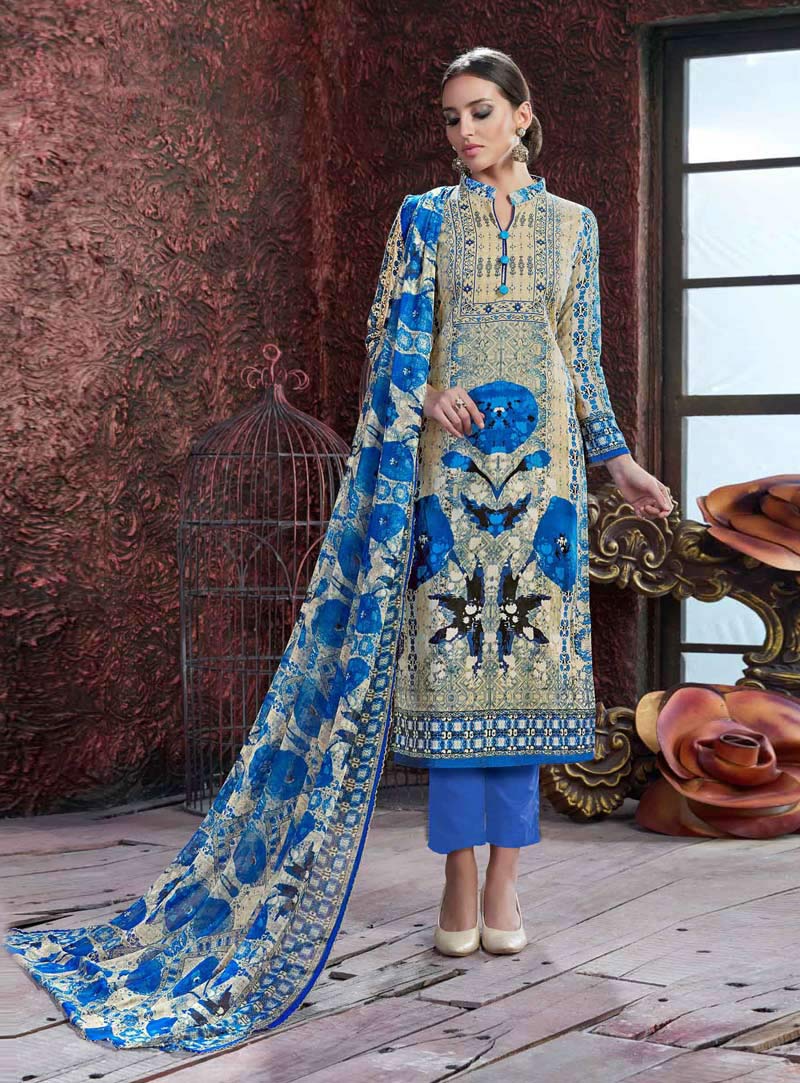 Beige Cotton Printed Kameez With Pant 85680