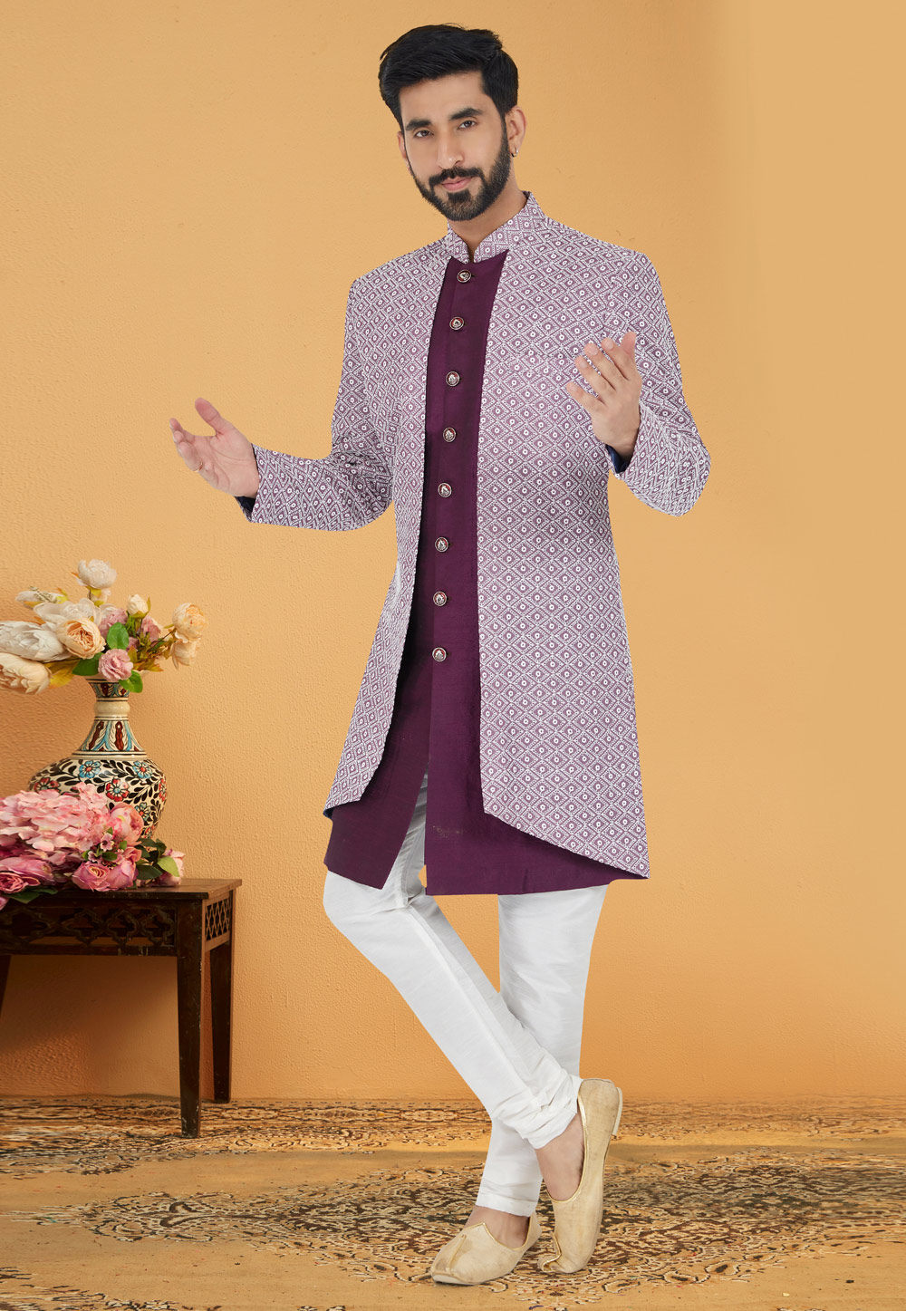 Purple Cotton Silk Jacket Style Sherwani 263250