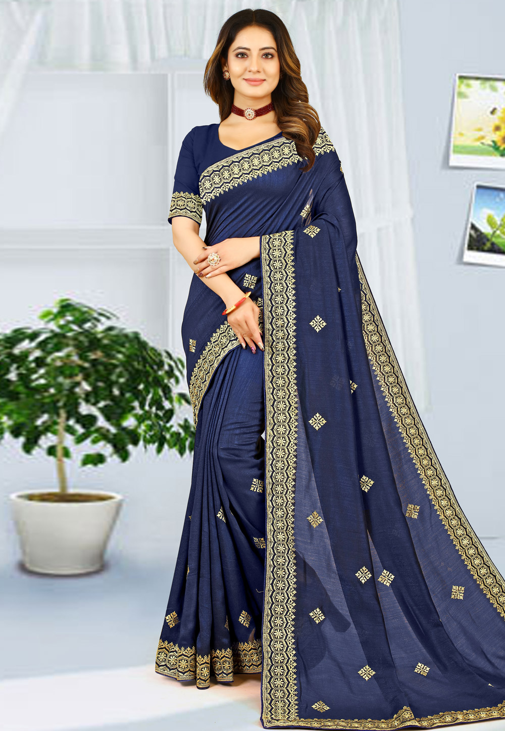 Navy Blue Georgette Saree With Blouse 261720