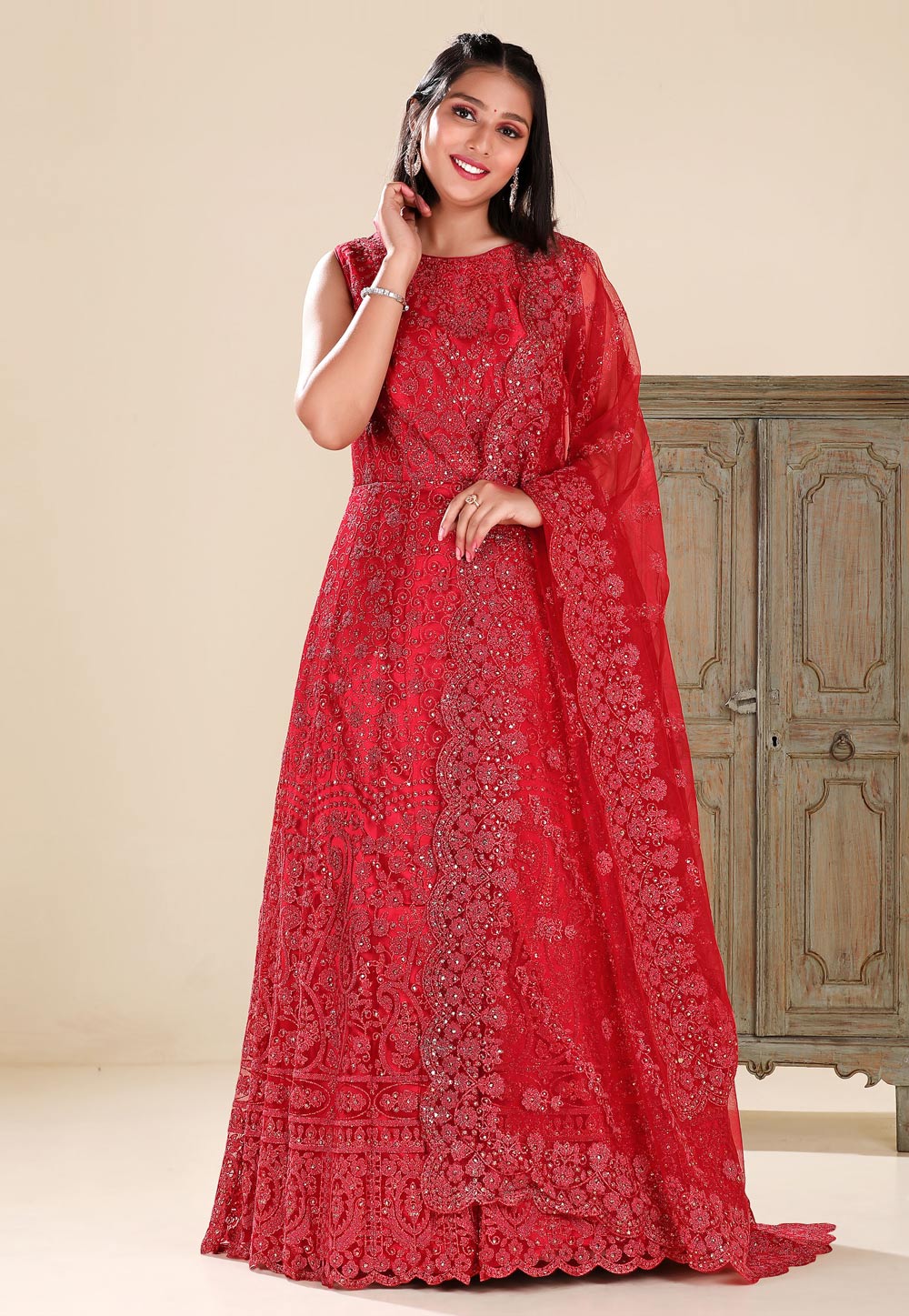 Red Net Readymade Abaya Style Anarkali Suit 271451