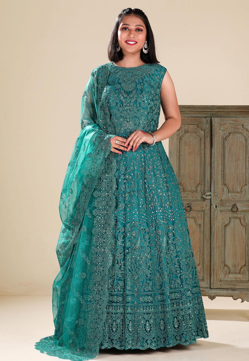 Teal Net Readymade Abaya Style Anarkali Suit 271453