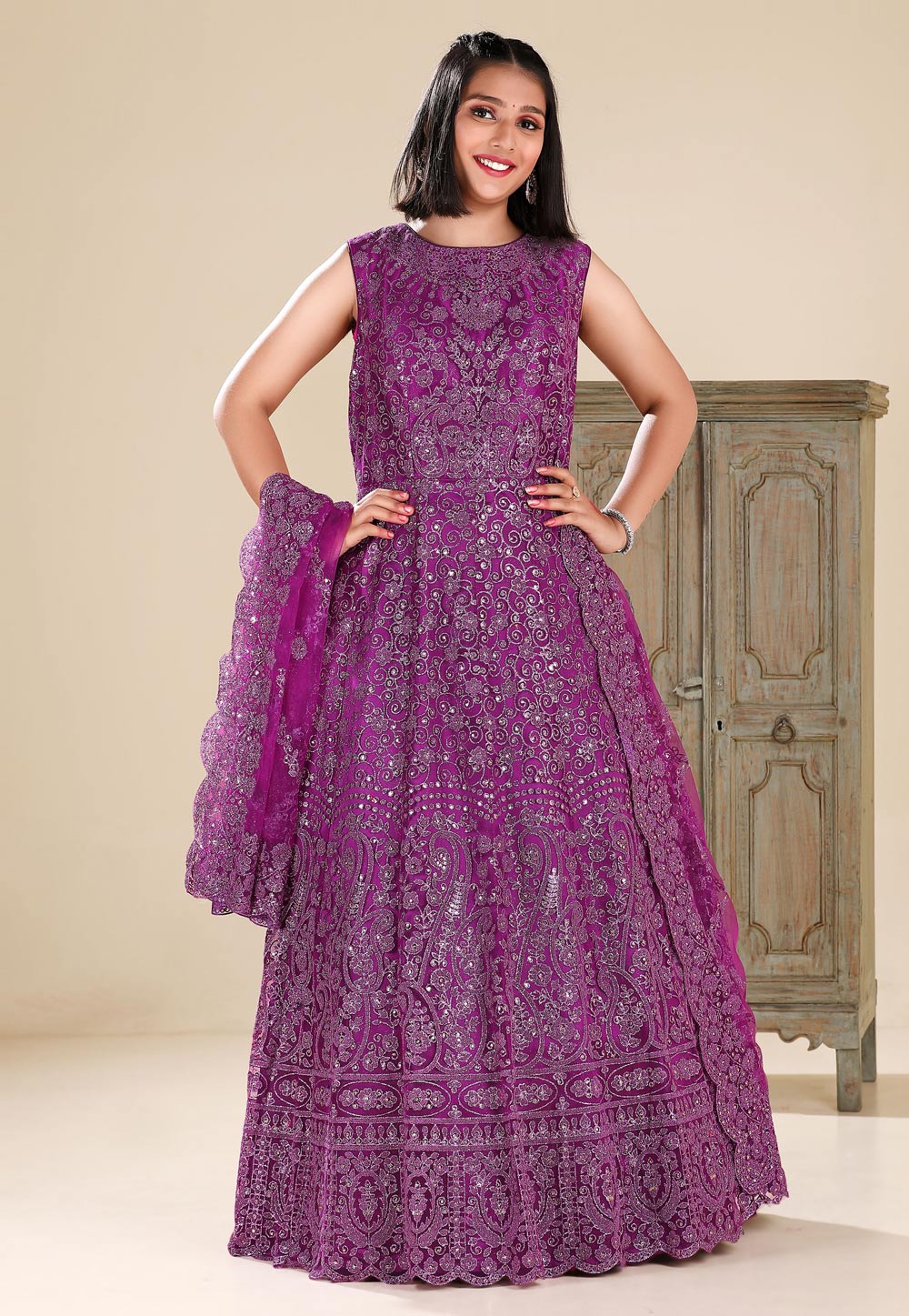 Purple Net Readymade Abaya Style Anarkali Suit 271455