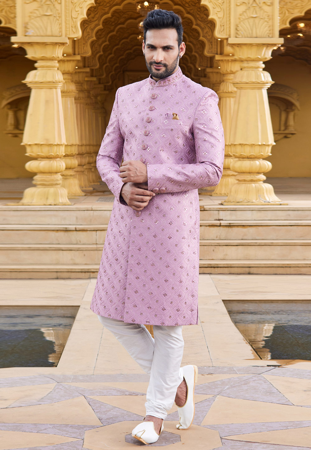 Pink Art Silk Achkan Style Sherwani 275186