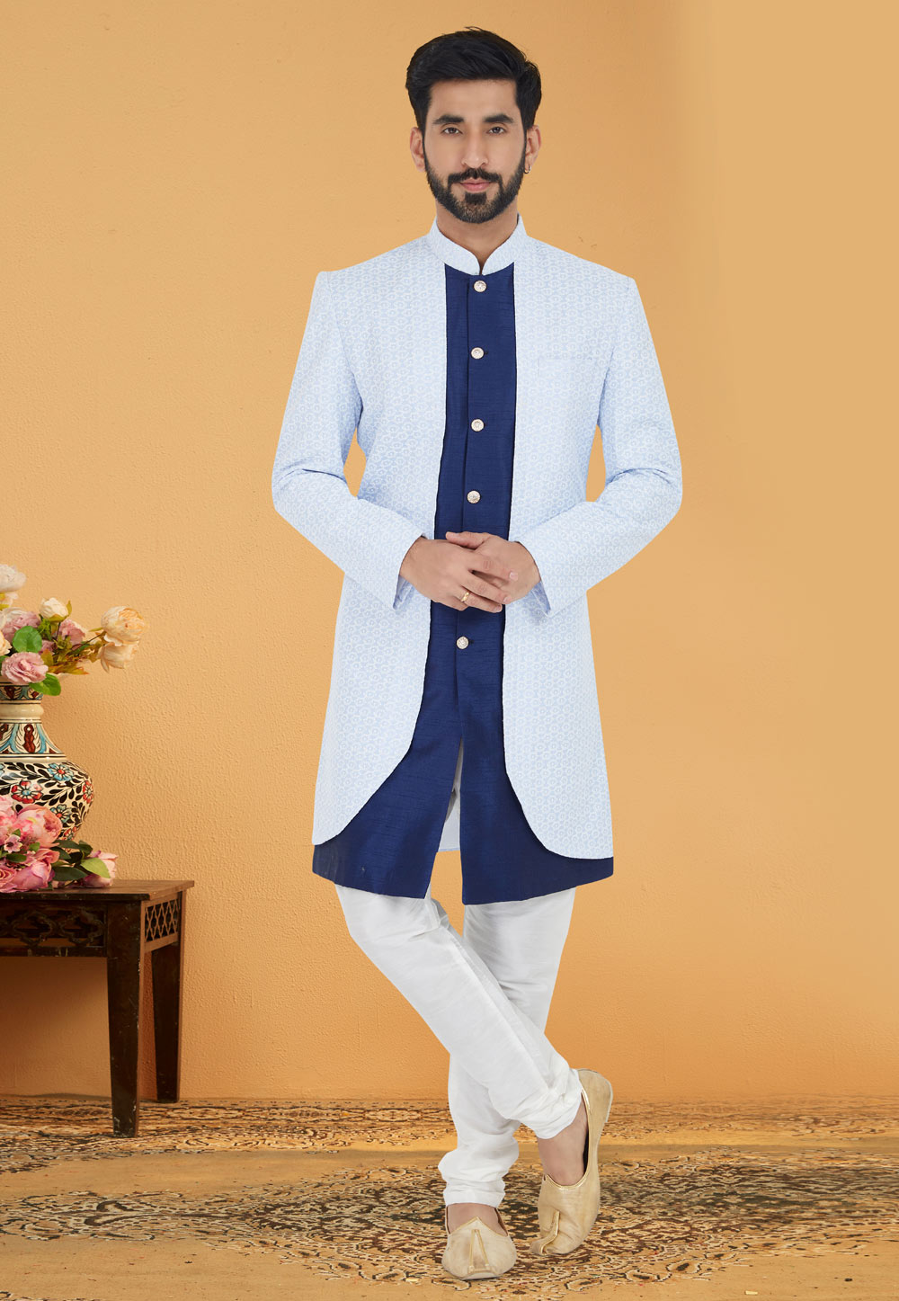 Navy Blue Cotton Silk Jacket Style Sherwani 263252