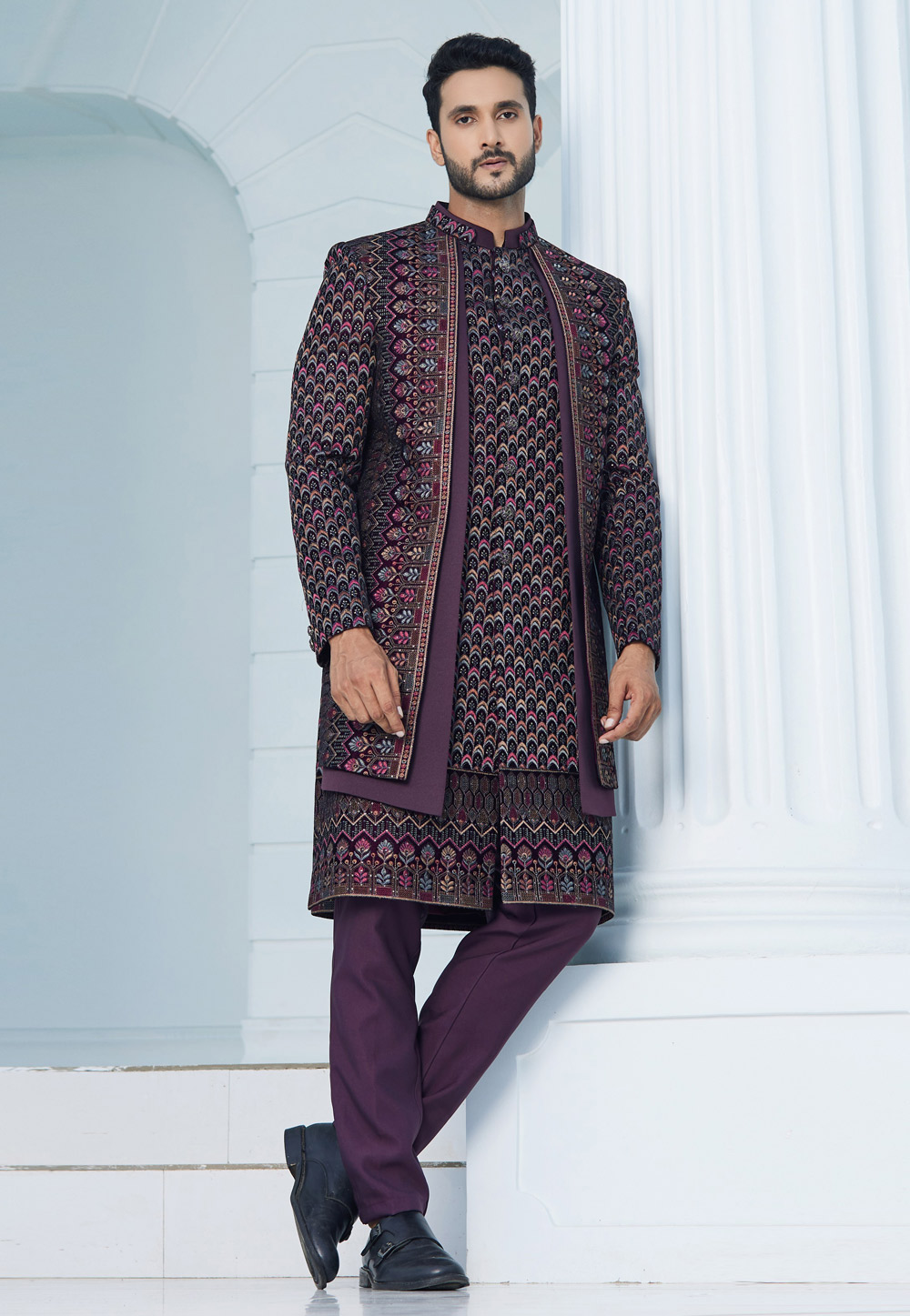 Purple Velvet Jacket Style Sherwani 275154