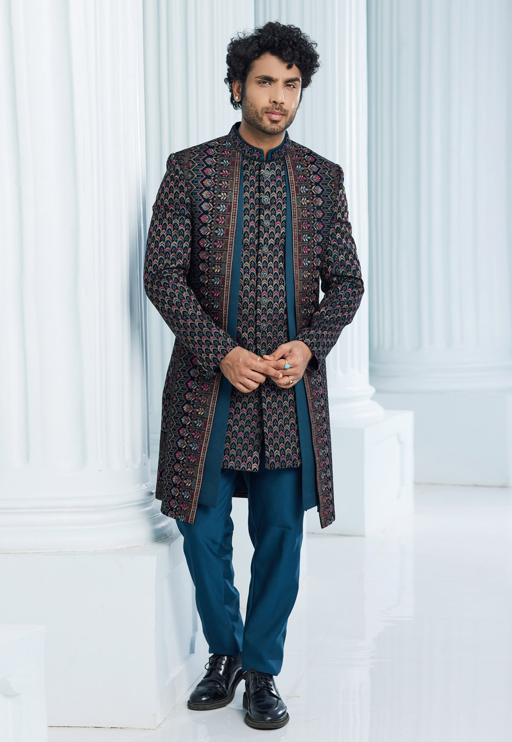 Teal Velvet Jacket Style Sherwani 275155