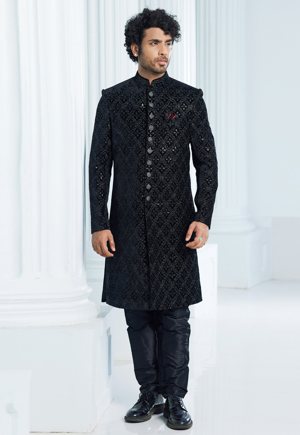 Black Velvet Achkan Style Sherwani 275165
