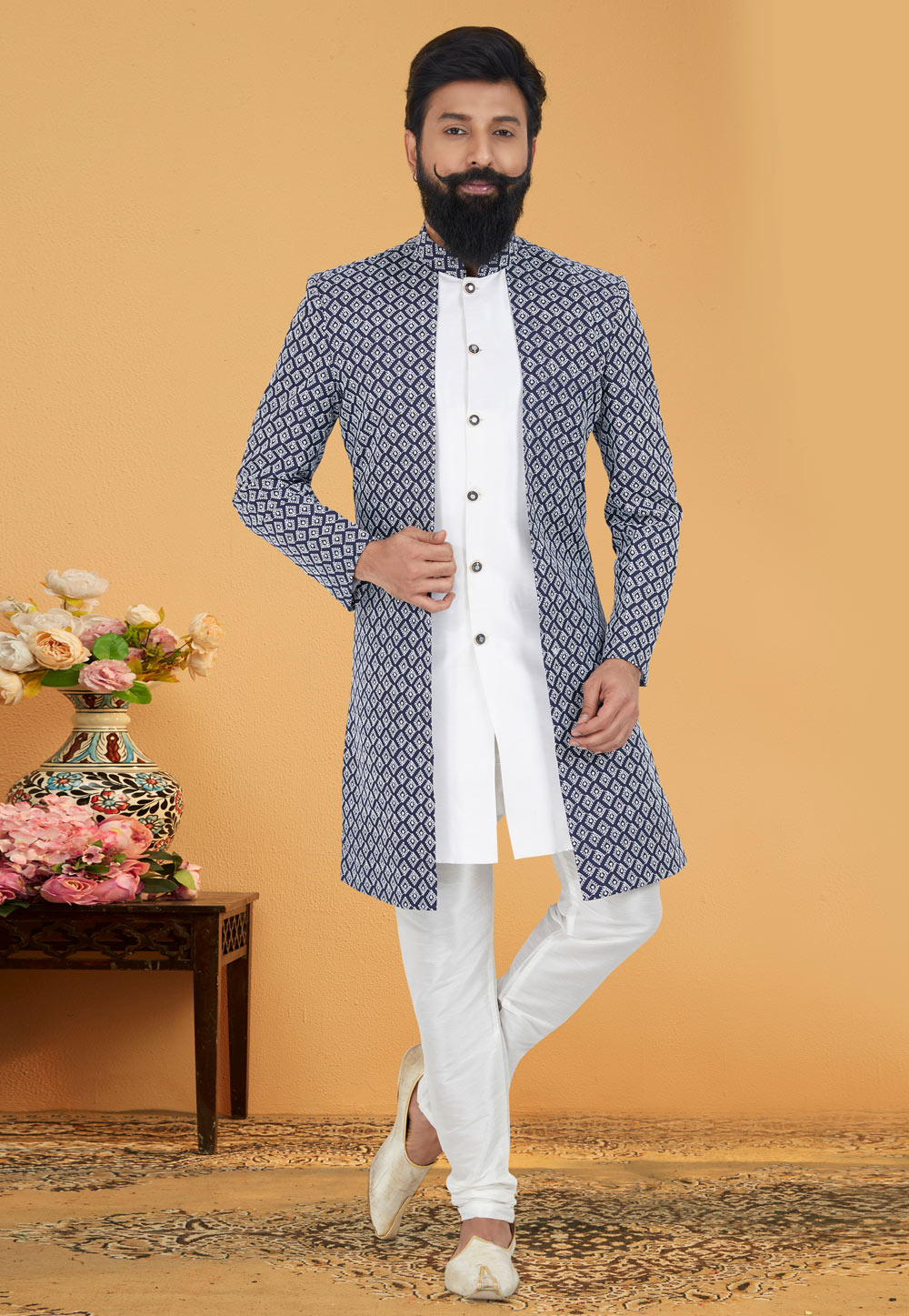 White Cotton Silk Jacket Style Sherwani 263253