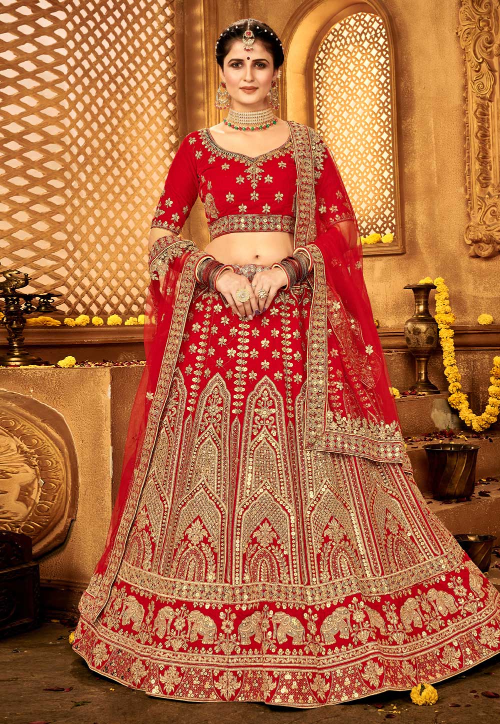 Red Velvet Embroidered Bridal Lehenga Choli 217733