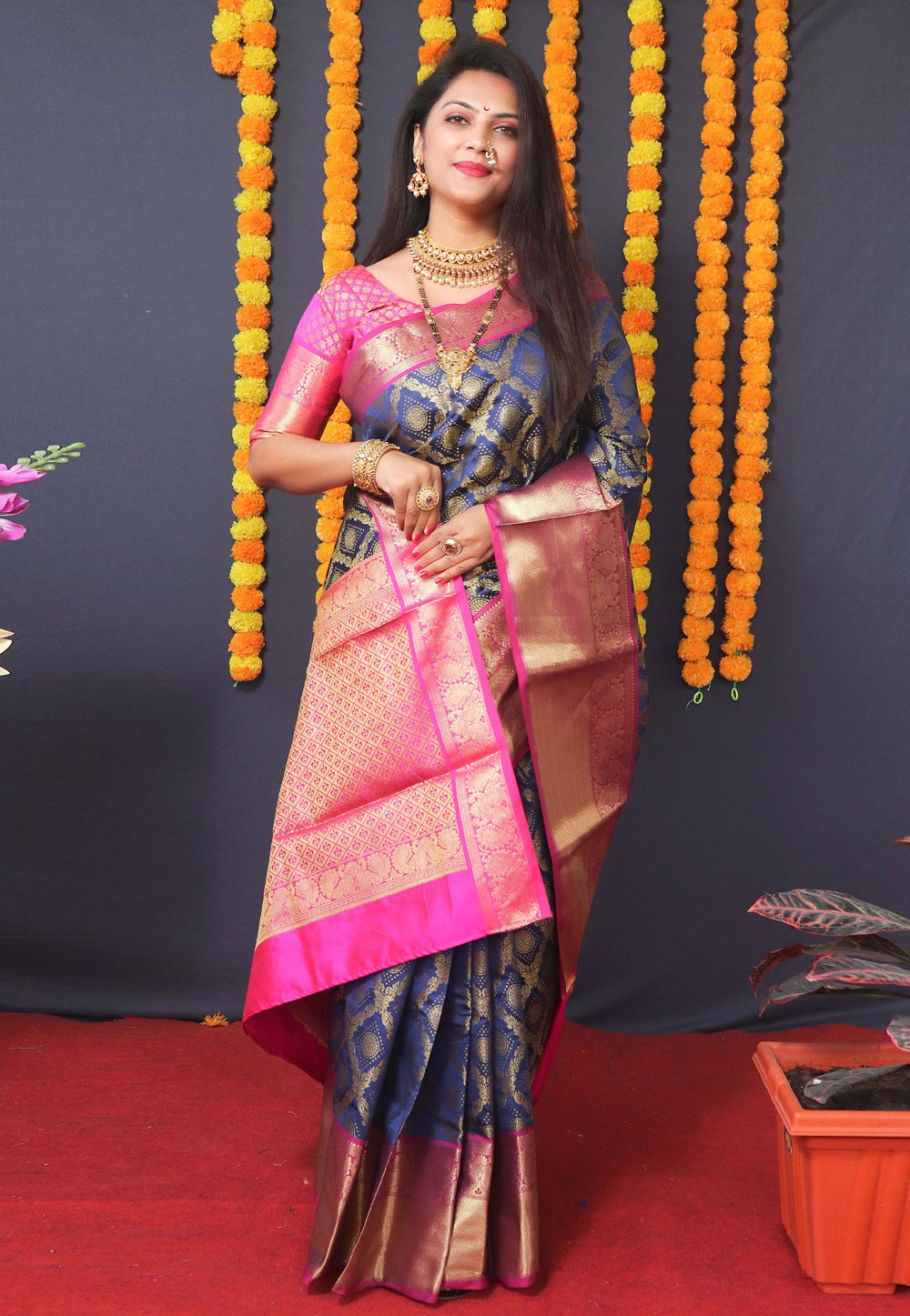 Navy Blue Banarasi Silk Saree With Blouse 255541