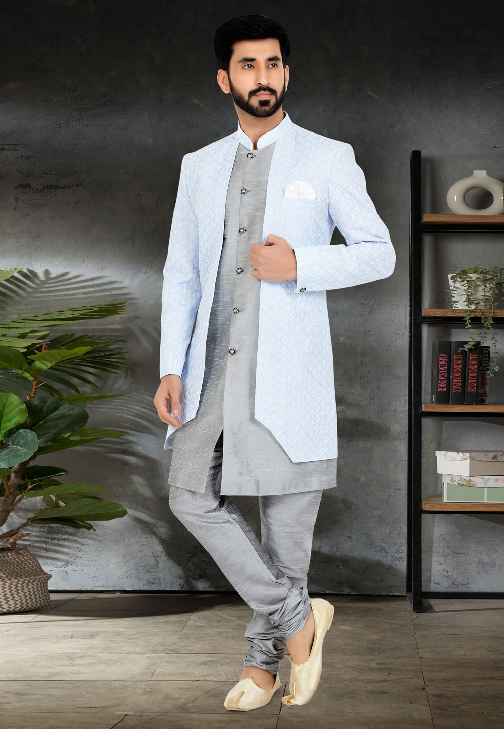 Grey Cotton Silk Jacket Style Sherwani 263255