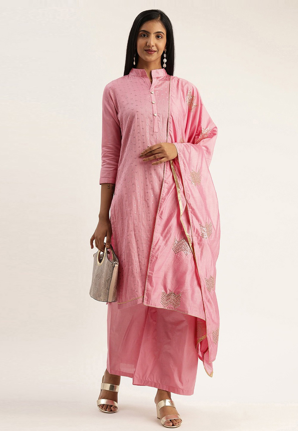 Pink Cotton Kameez With Palazzo 218085