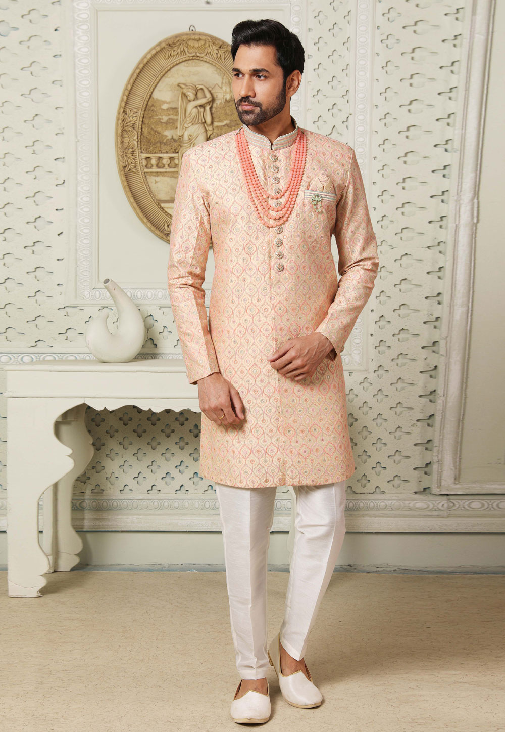 Peach Art Silk Indo Western Suit 255633