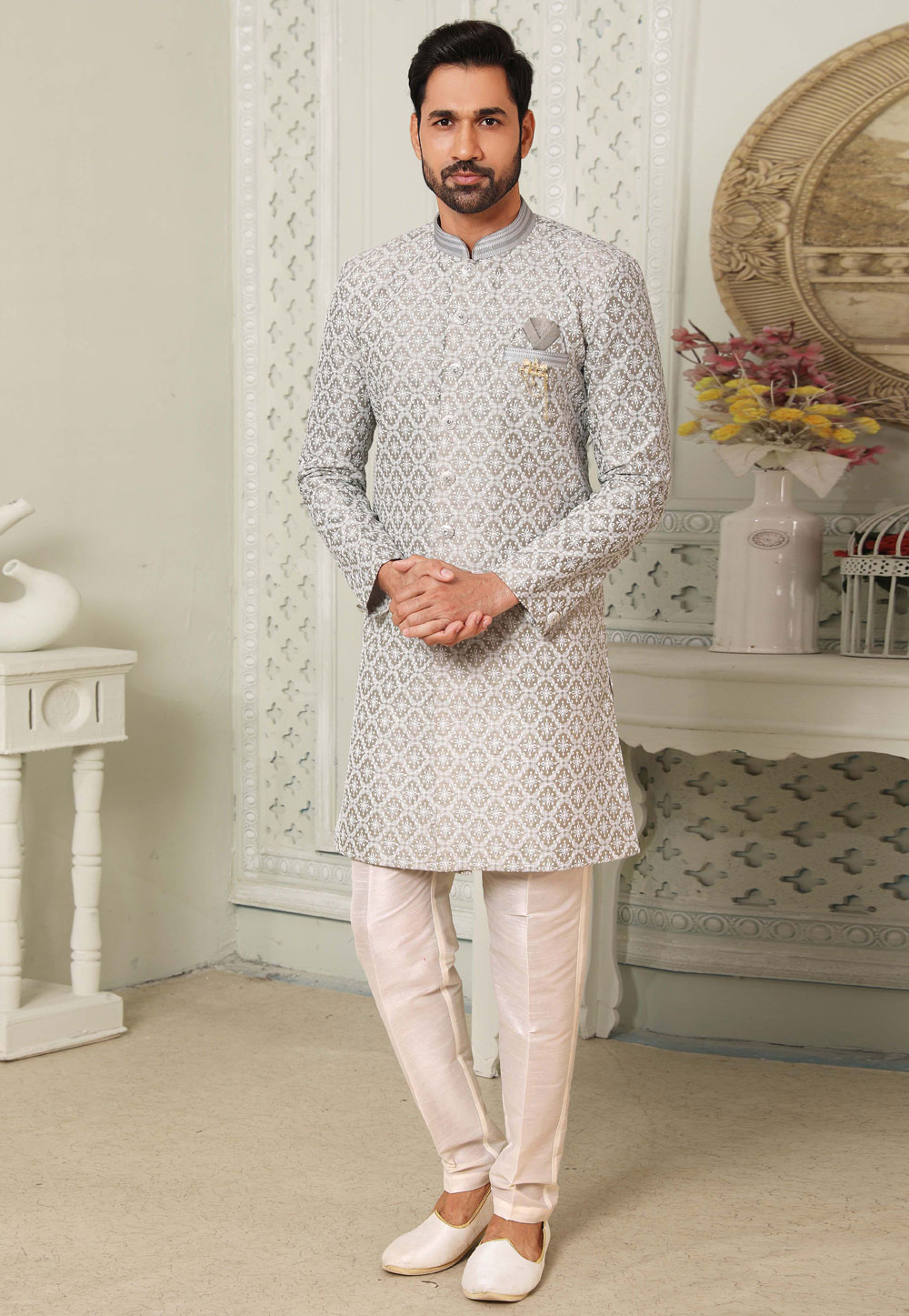 Grey Art Silk Indo Western Suit 255636