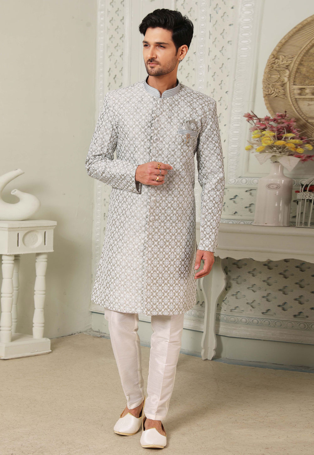 Grey Art Silk Indo Western Suit 255641