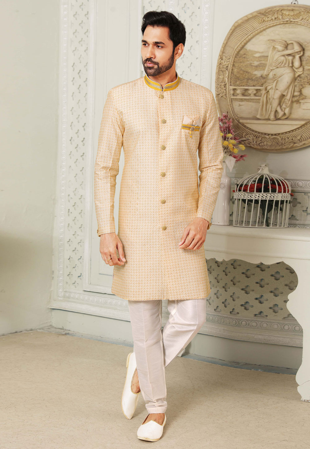 Light Yellow Art Silk Indo Western Suit 255644