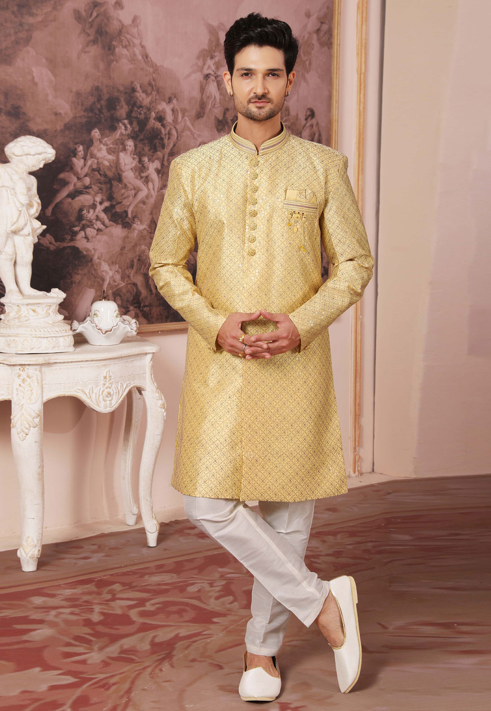Yellow Art Silk Indo Western Suit 255646