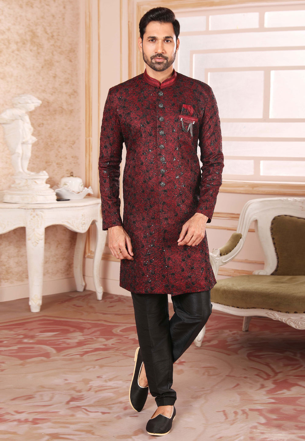 Maroon Art Silk Indo Western Suit 255648