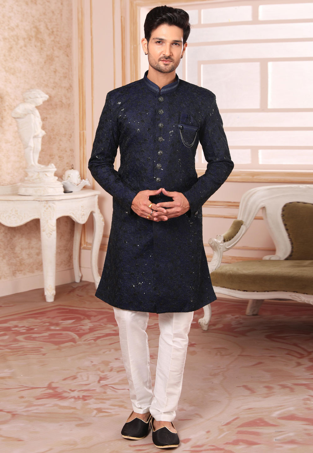Navy Blue Art Silk Indo Western Suit 255649