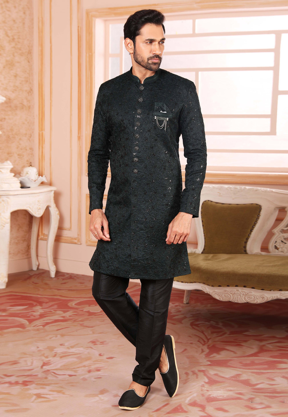Green Art Silk Indo Western Suit 255650