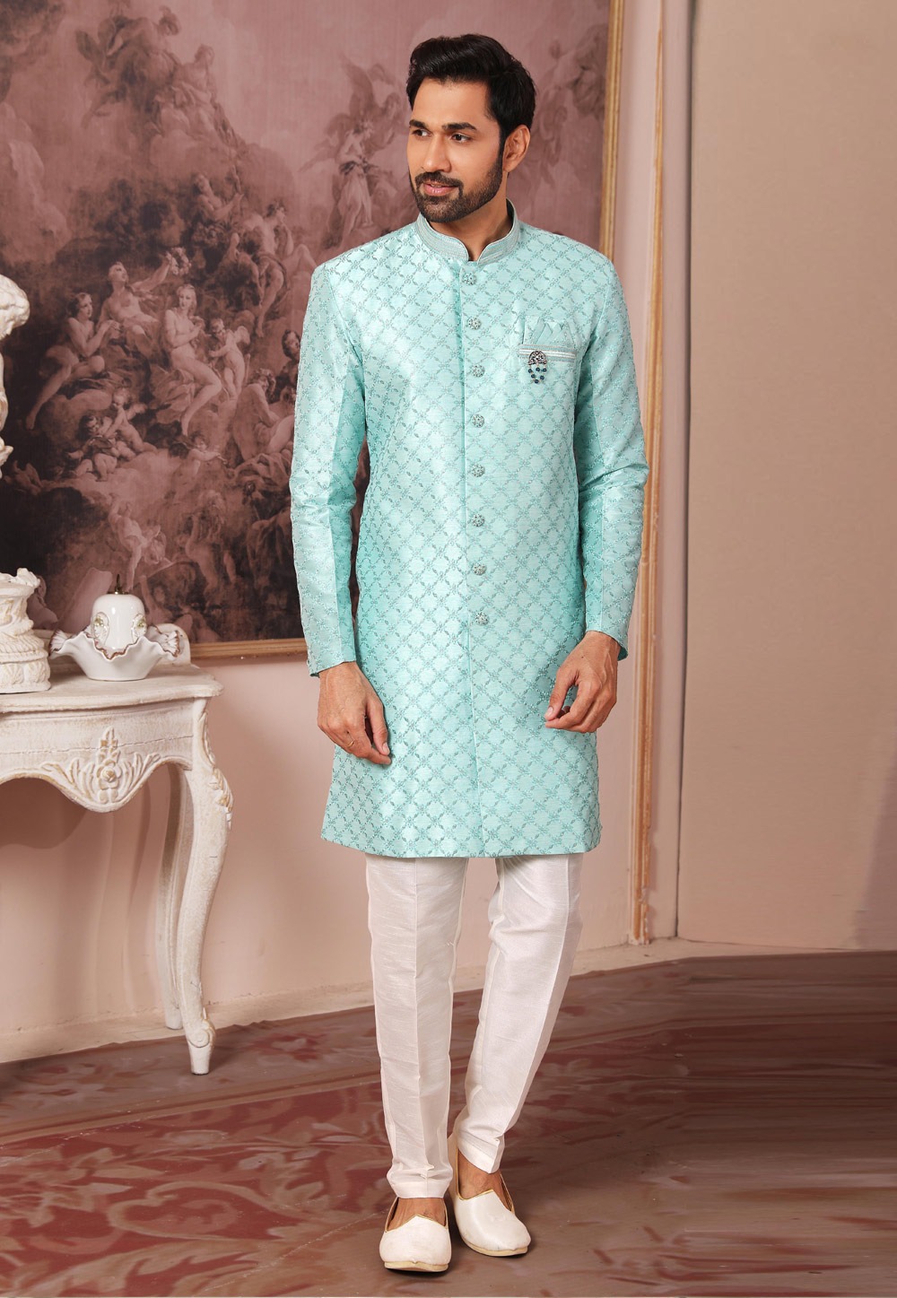 Aqua Art Silk Indo Western Suit 255653