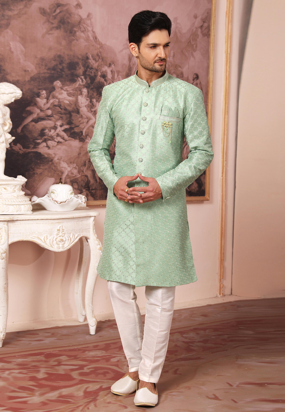 Pista Green Art Silk Indo Western Suit 255654