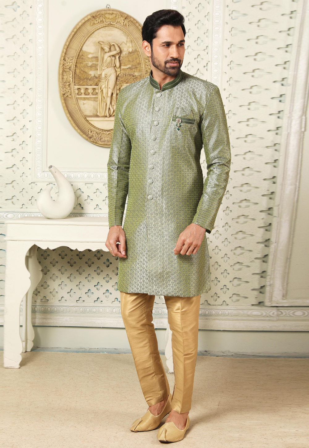 Light Green Art Silk Indo Western Suit 255657