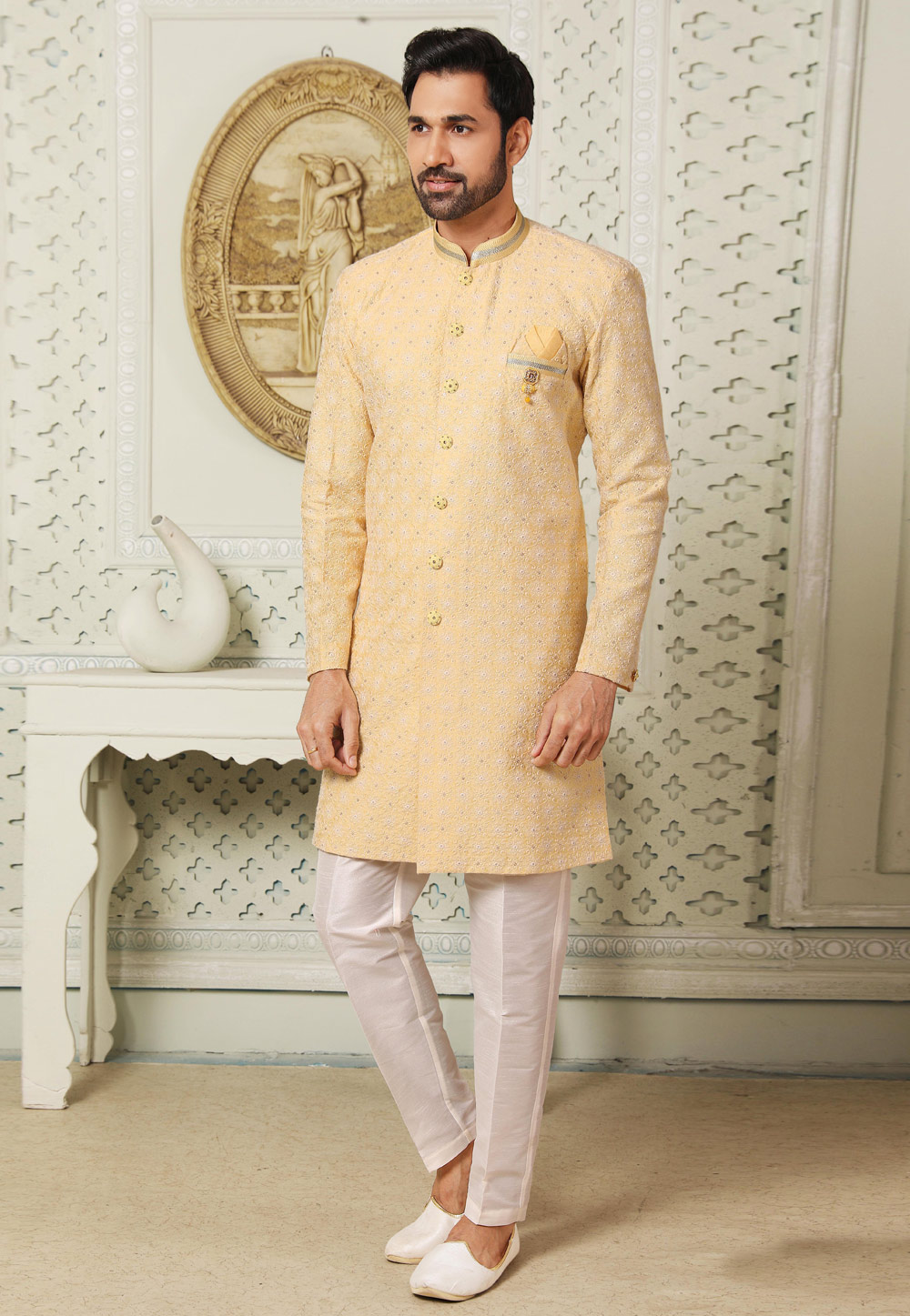 Light Yellow Art Silk Indo Western Suit 255658