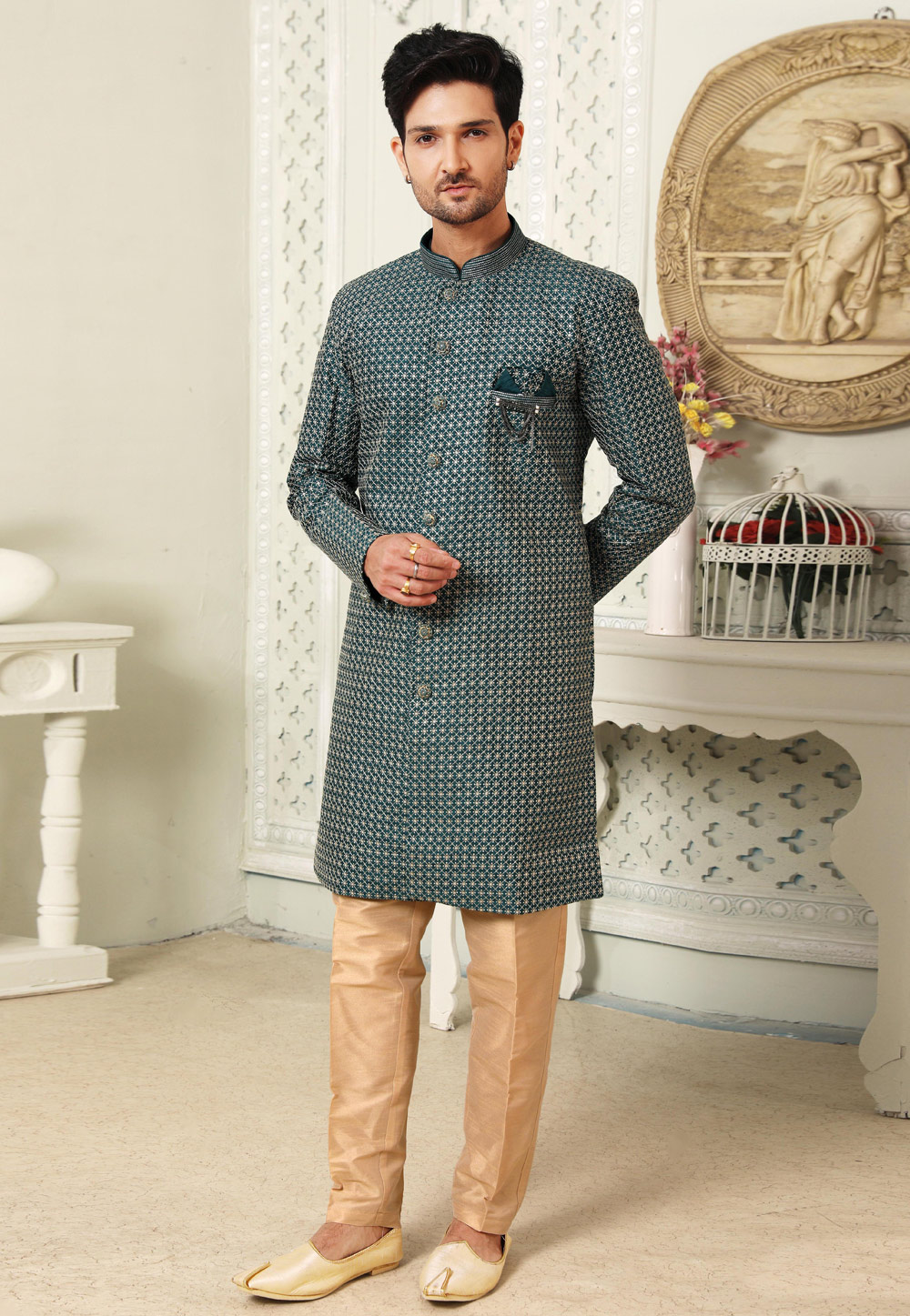 Green Art Silk Indo Western Suit 255661
