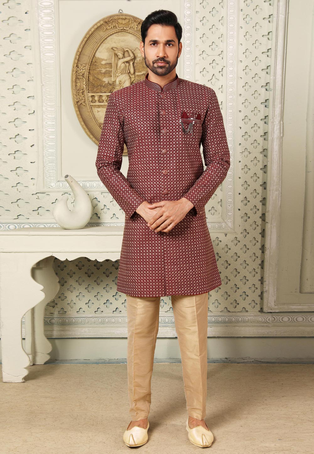 Maroon Art Silk Indo Western Suit 255662