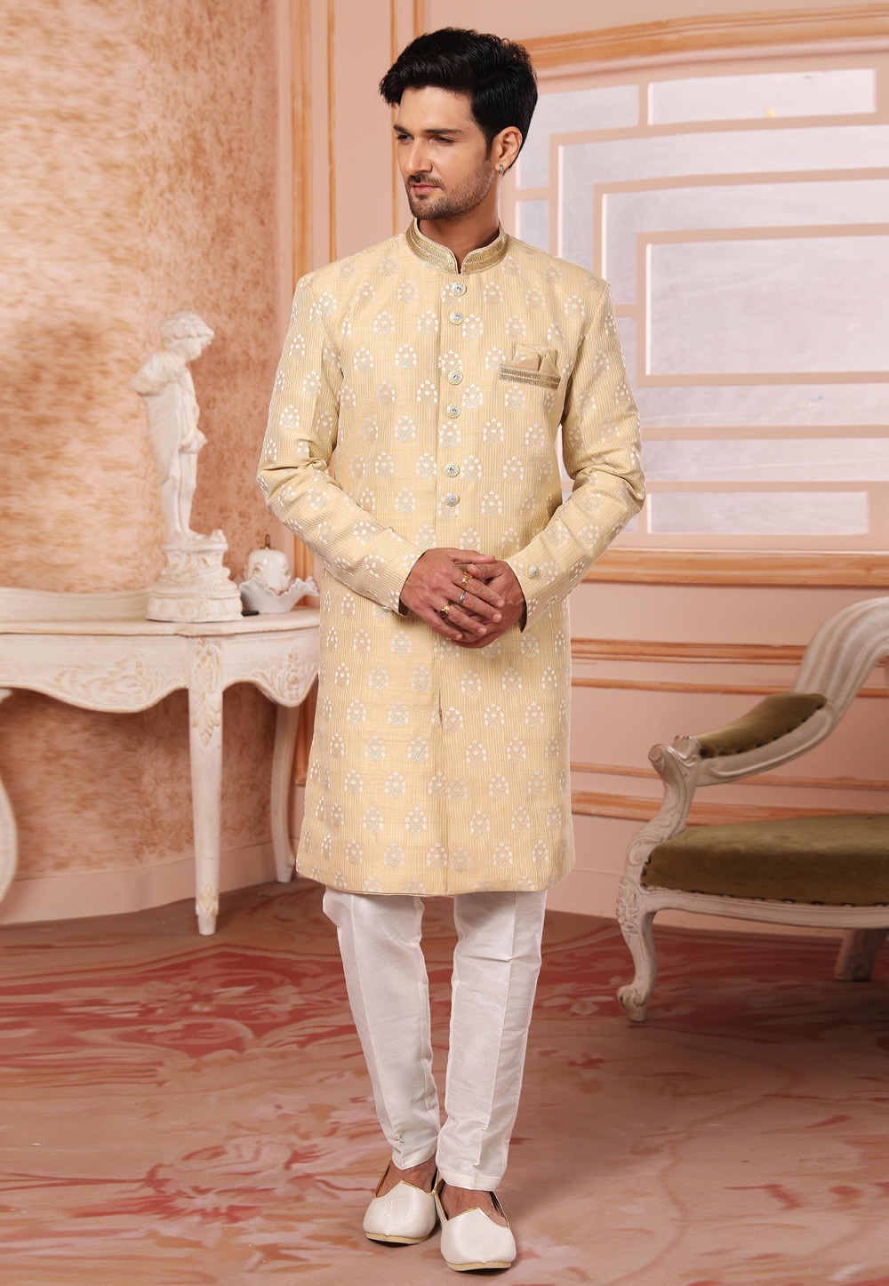 Yellow Art Silk Indo Western Suit 255665