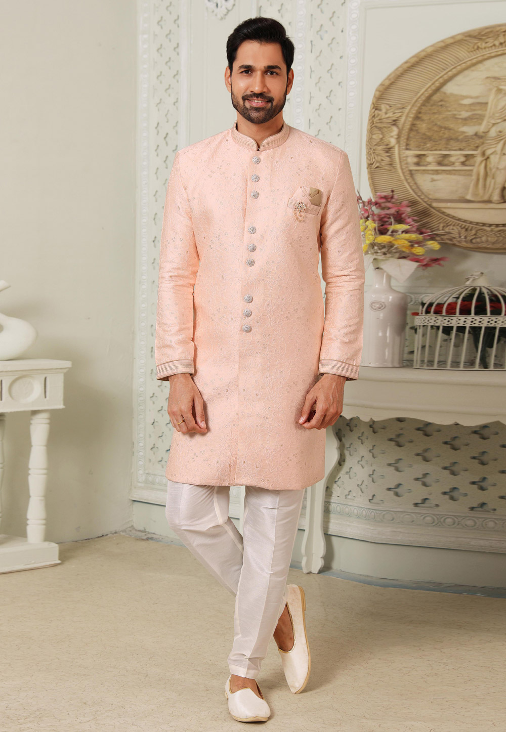 Peach Jacquard Silk Indo Western Suit 255667