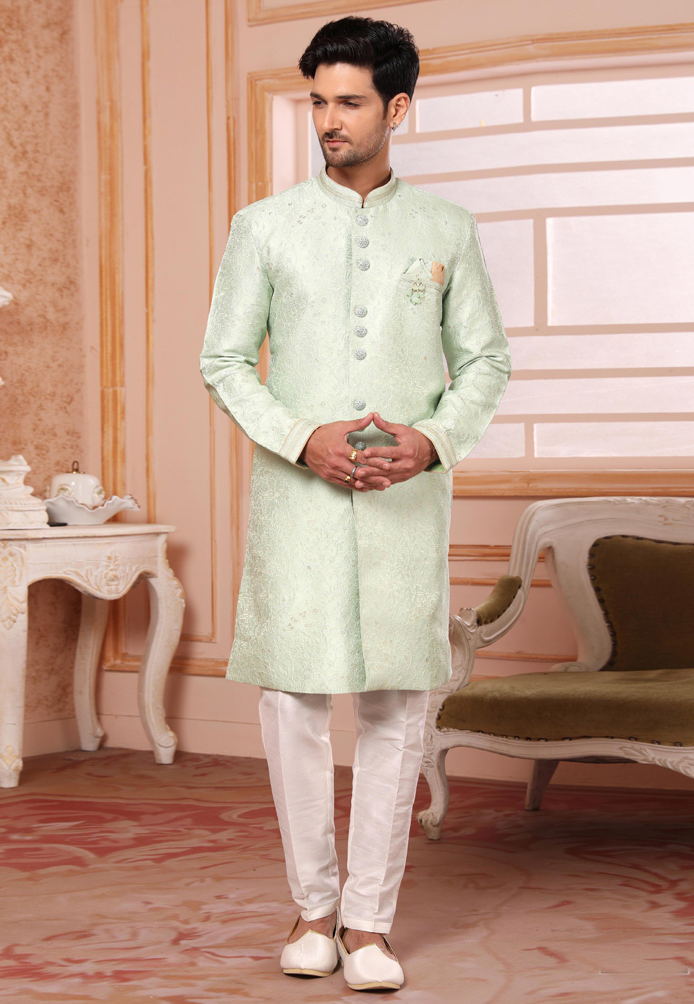 Pista Green Jacquard Silk Indo Western Suit 255668