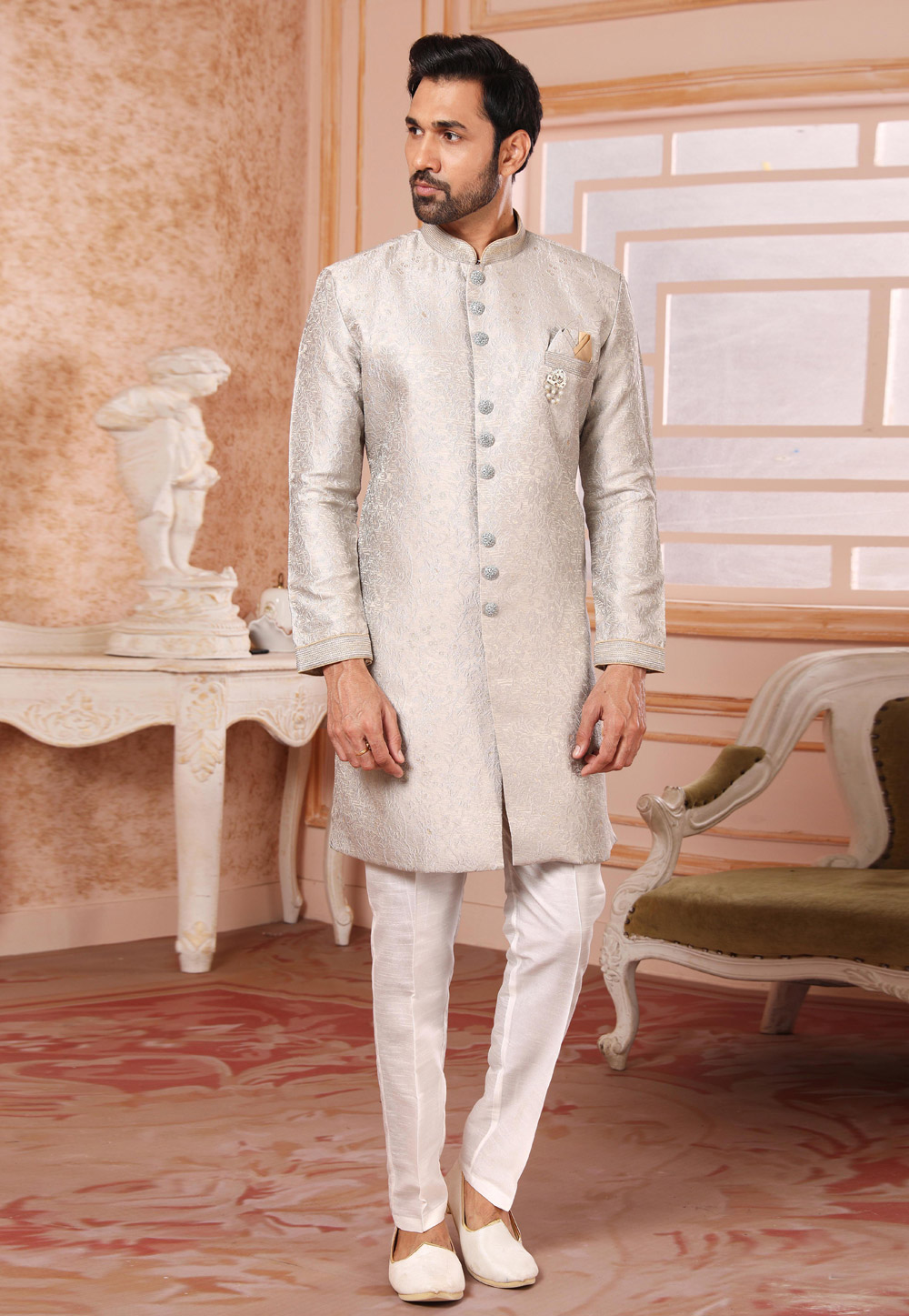 Grey Jacquard Silk Indo Western Suit 255669